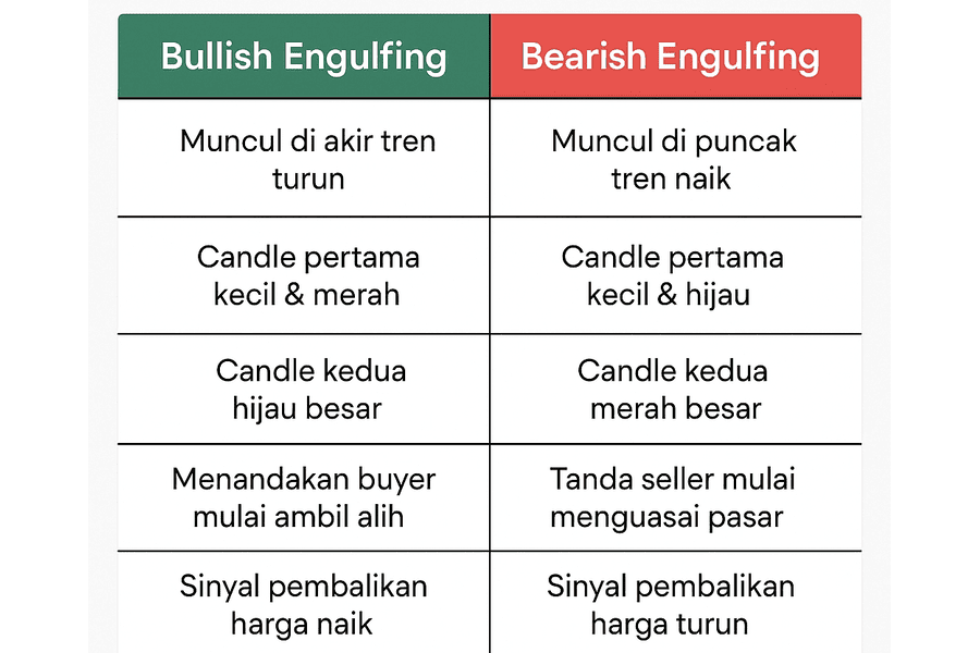 Tabel Perbedaan Bullish dan Bearish Engulfing